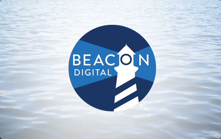The Beacon logo is round with a white lighthouse and the Words Beacon Digital. The O in Beacon doubles as the lighthouse light beams source.