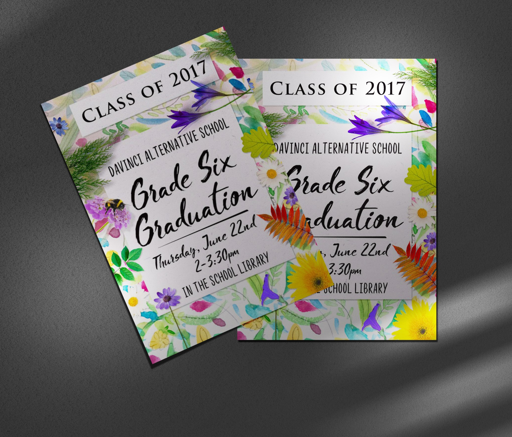 Whimsical watercolour floral Invitations for a Grade 6 Graduation.