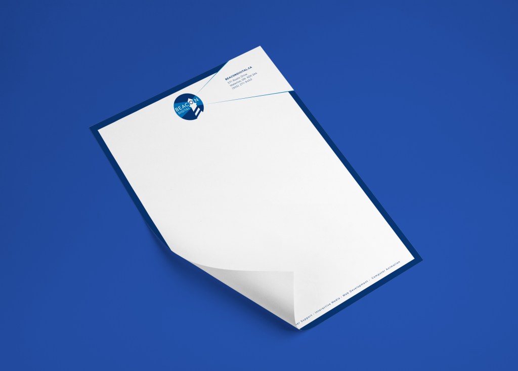 Letterhead example. Logo Centerd and contact information on the top right. a thick solid navy border runs around the page.