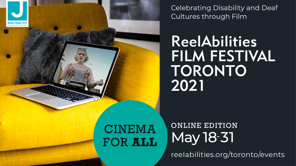 The creative for the Online Edition of the 2021 Reel Abilities Film Festival featured a bright yellow couch with an open laptop. The laptop is playing a Festival movie, full frame.