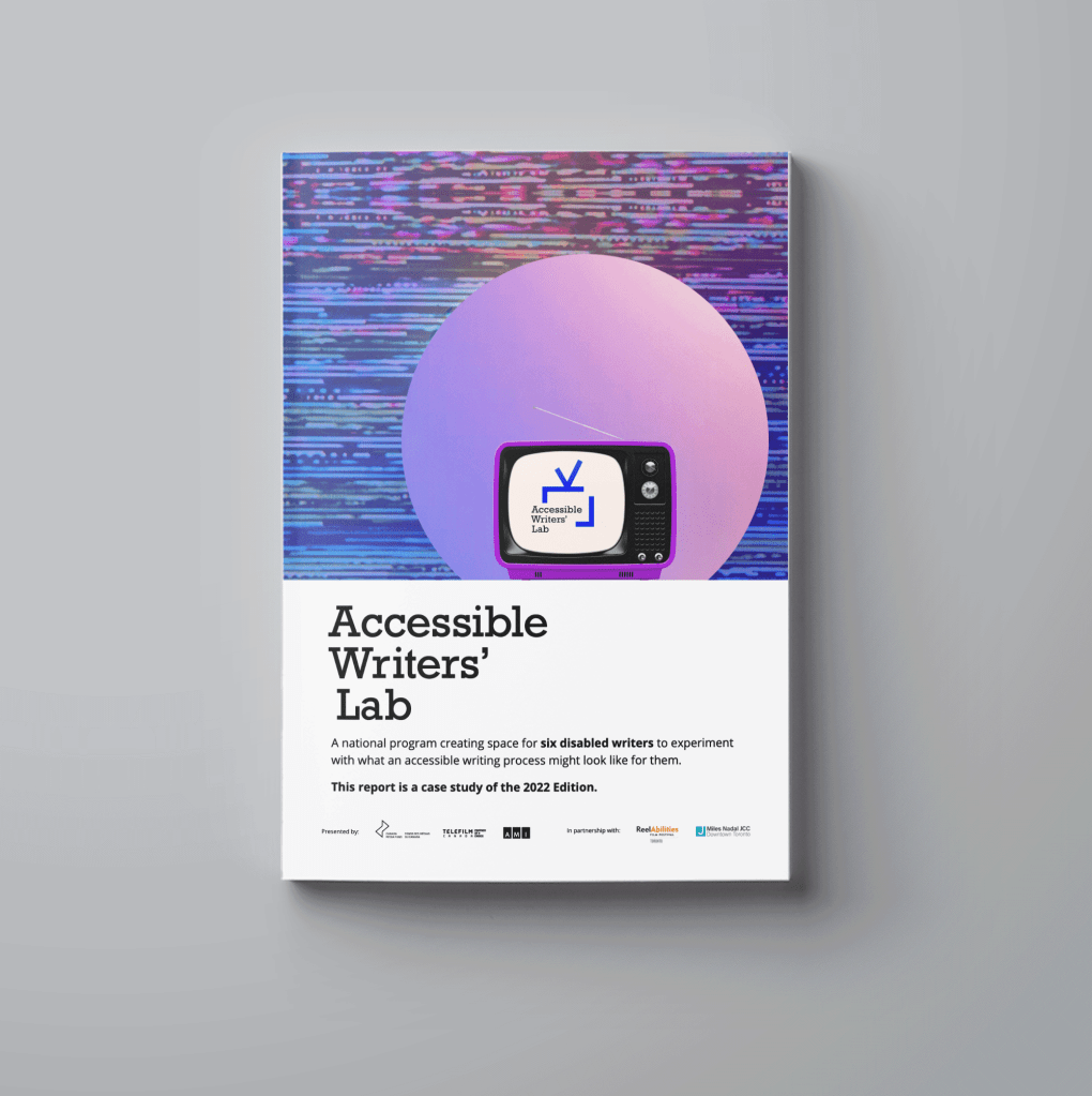 A folder Report with an image of a pink retro television against a vivid blue and purple pixelated background. The title of the Report reads Accessible Writers' Lab.