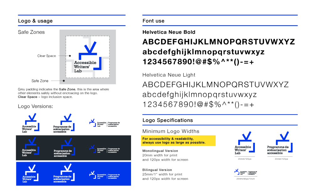 An example of a one-page Brand guide that shows guidelines for logo use, brand (blue, black and electric blue), and Font usage of Helvetica Neue Bold and Light.