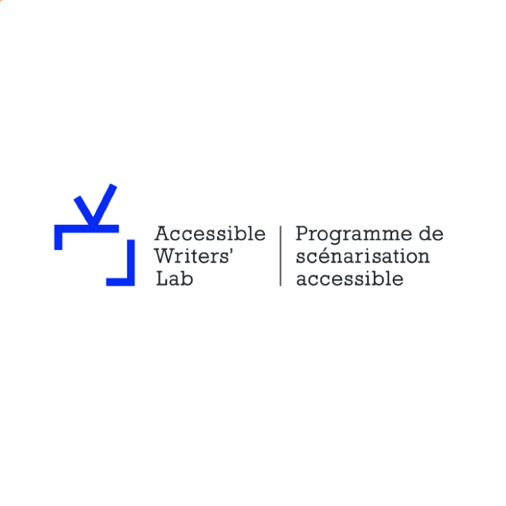 An abstract retro vivid blue television icon with the words Accessible Writers' Lab/Programme de scénarisation accessible