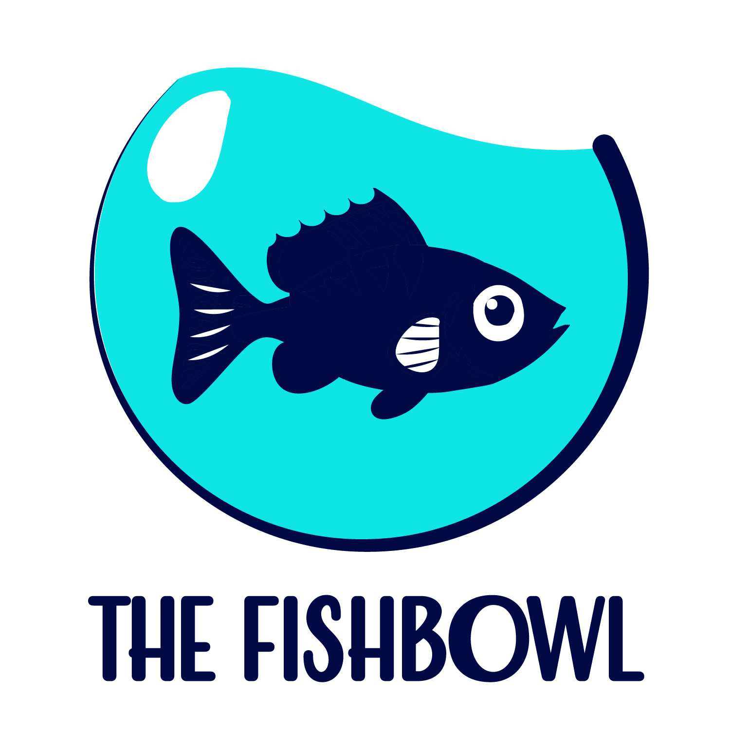 THE FISHBOWL. An icon of a stylized light blue shiny bowl with a silhouette of cute navy big-eyed fish.